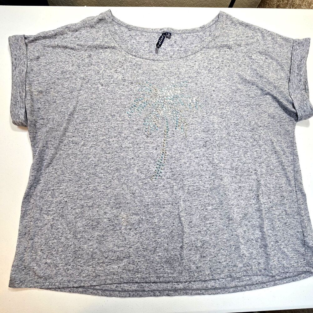 Casey Key Woman's Shirt Blue/Gray Marbled With Palm Tree in Rhinestones Size 2X